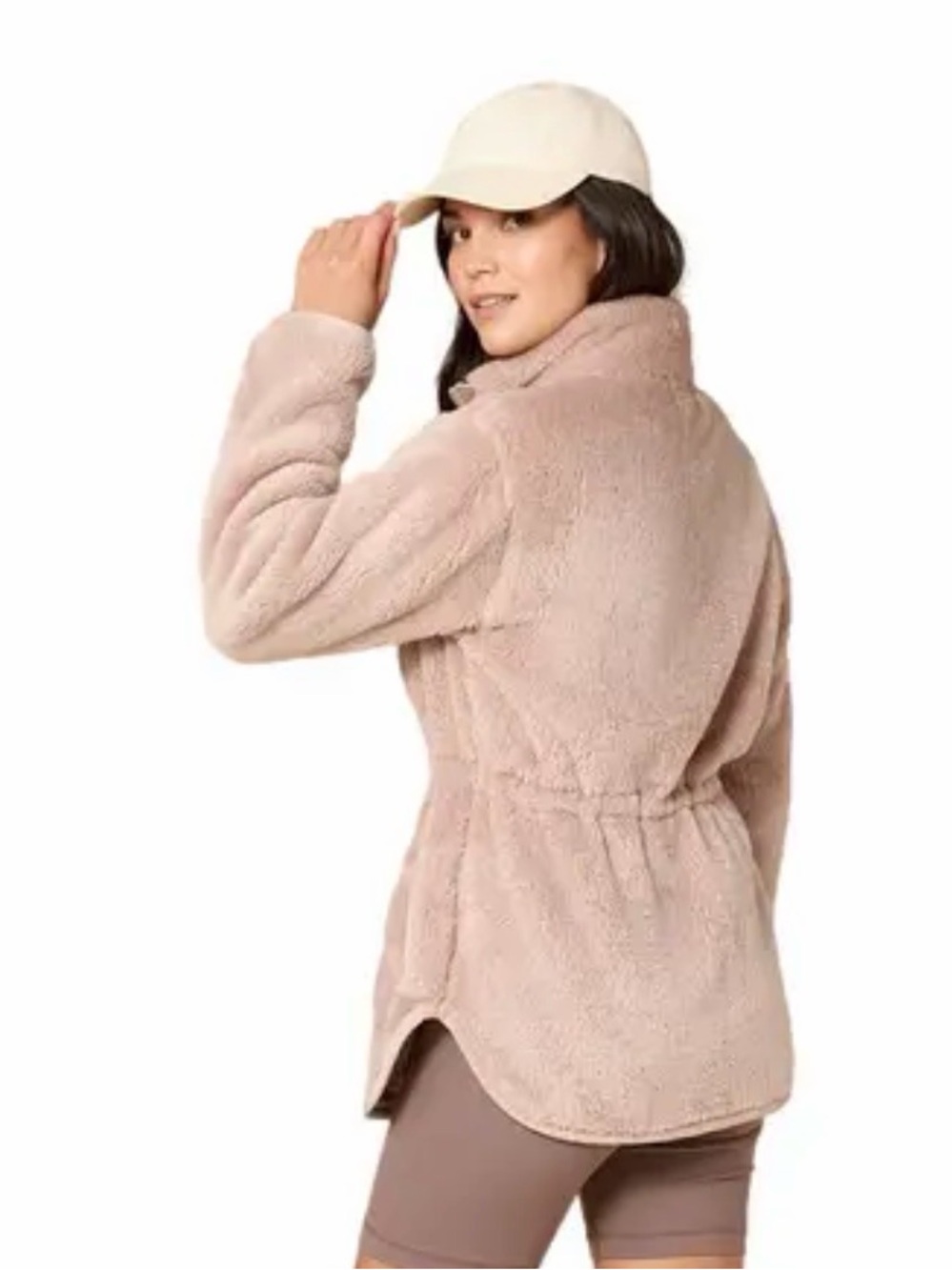 Women's Plush Taupe Teddy Jacket with Cinch Waist